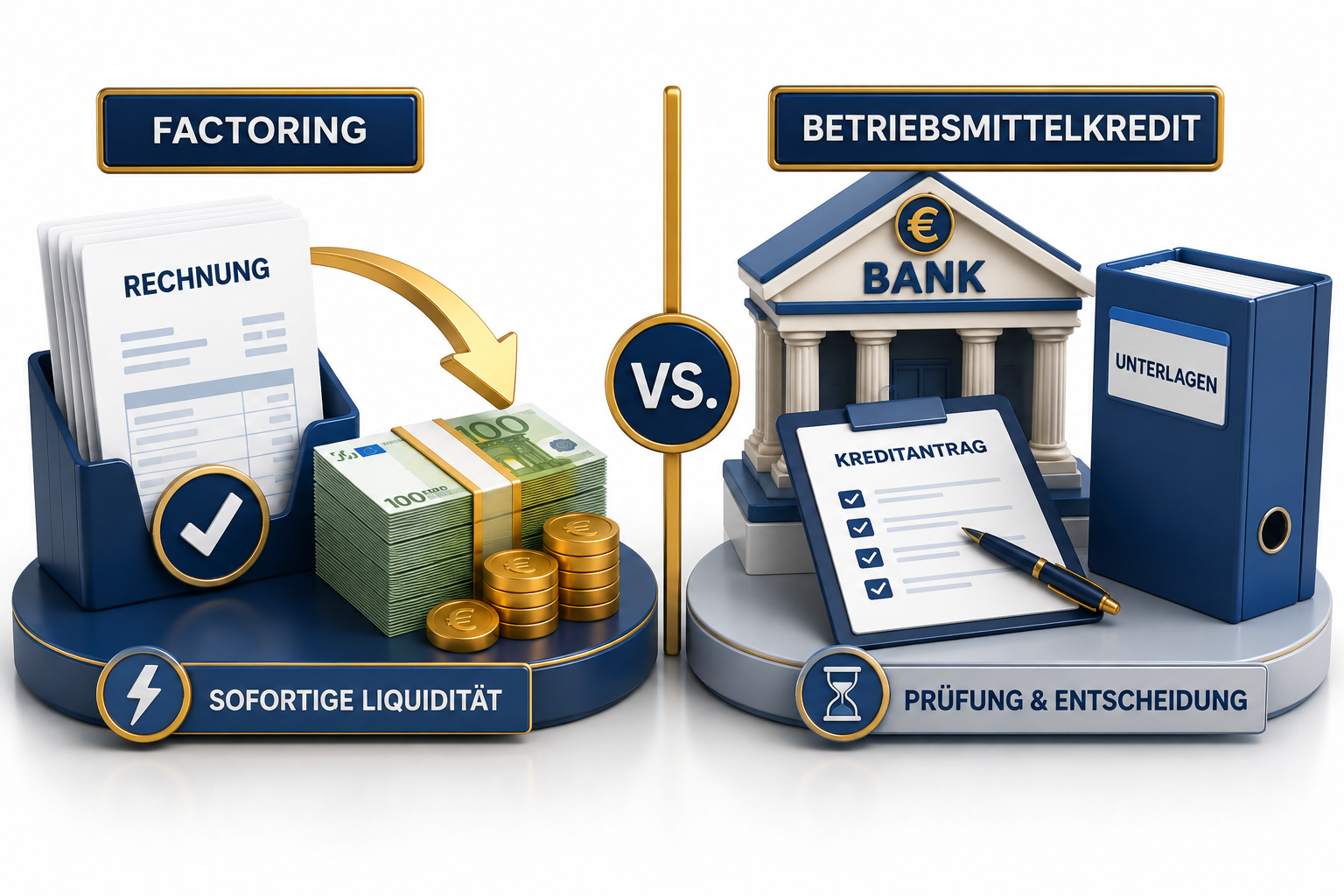 Illustration zum Vergleich Factoring und Betriebsmittelkredit